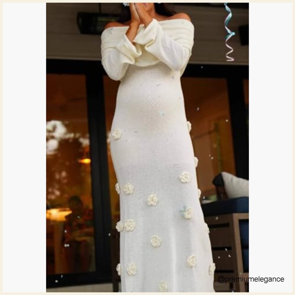 Long Sleeve Off Shoulder Maxi Dress Bodycon Stretchy Knit Mesh Formal - Picture 2 of 7